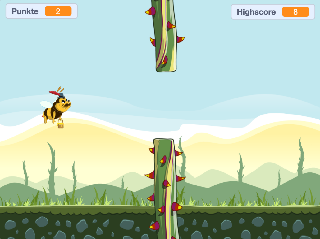 Screenshot von einem mit Scratch programmierten Flappy Bird Klon